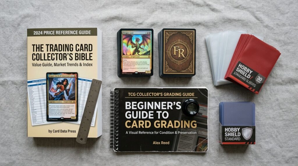 Flat lay photography of beginner trading card collection sta