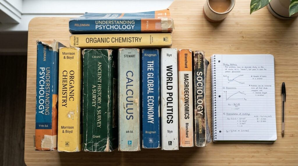 Flere brugte studiebøger af forskellige farver og emner stablet på hinanden.