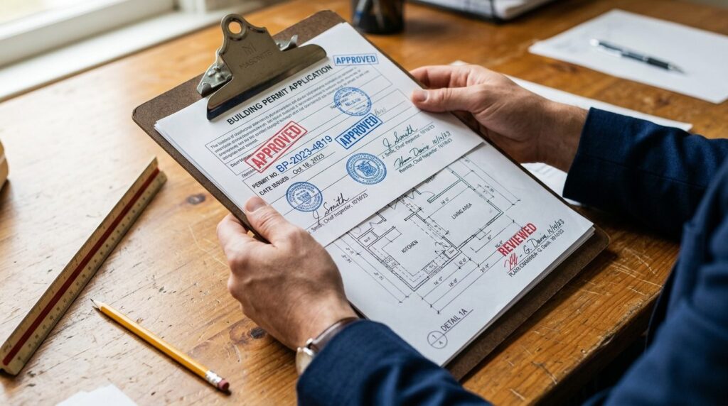 Close-up photo of hands holding a clipboard with building pe