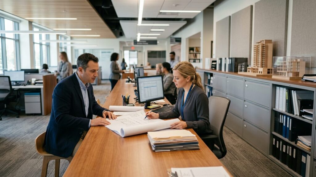 Wide shot of a municipal office interior with a consultant o