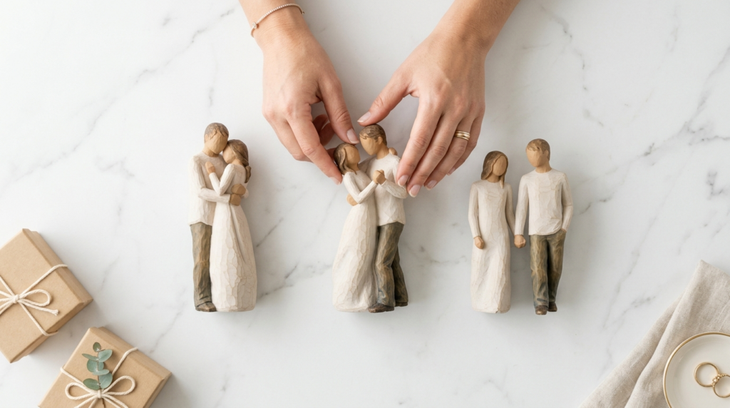 Close-up overhead shot of hands carefully selecting between