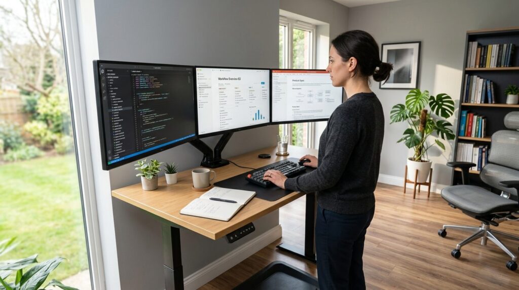 Person ved et stativ-skrivebord, fokuseret på arbejdet med computerudstyr omkring sig.