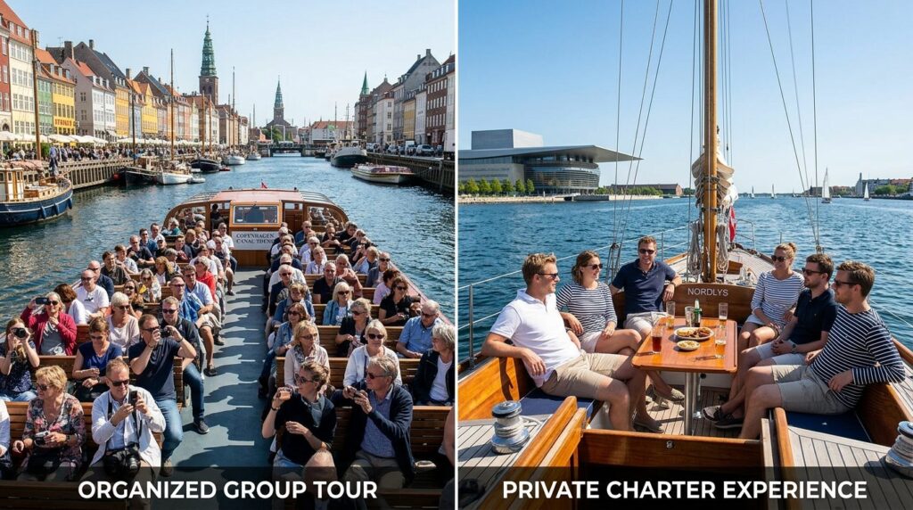 Split-screen comparison image: left side shows a crowded tou