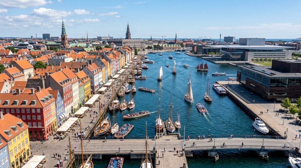 Aerial view of Copenhagen harbor with multiple boats includi