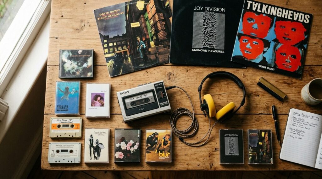 Flat lay photography of a cassette tape player with headphon