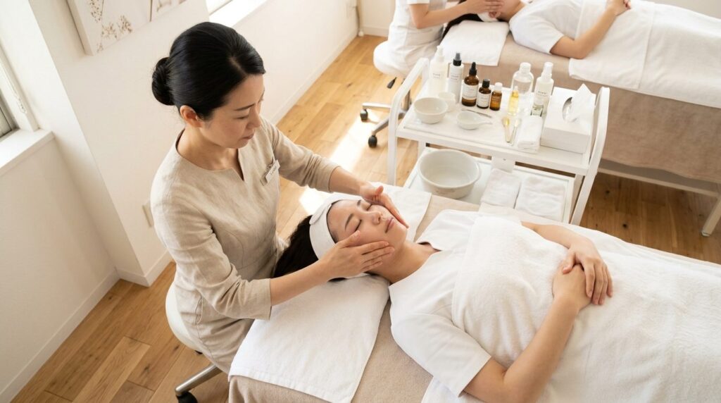 Overhead shot of beauty instructor demonstrating Japanese li