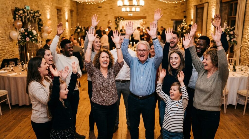 Happy group of people at a private celebration event doing a