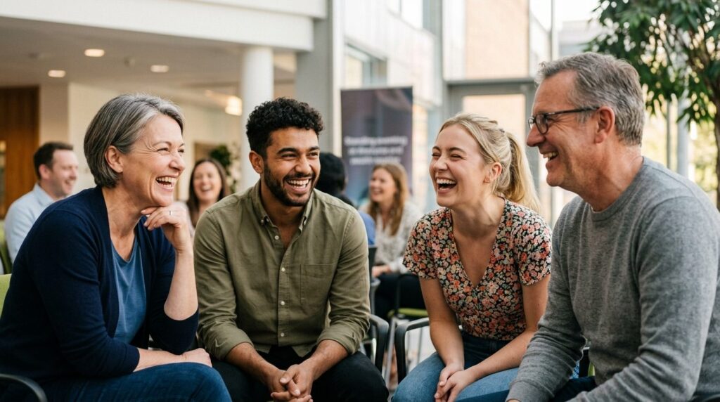 Close-up of participants during a laughter wellness activity
