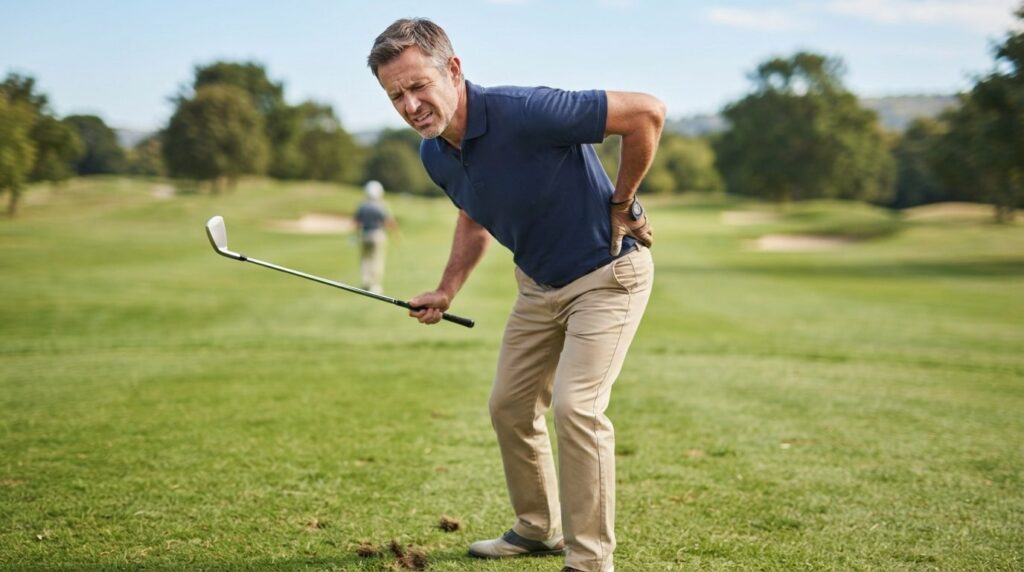 Close-up of male golfer experiencing lower back pain during