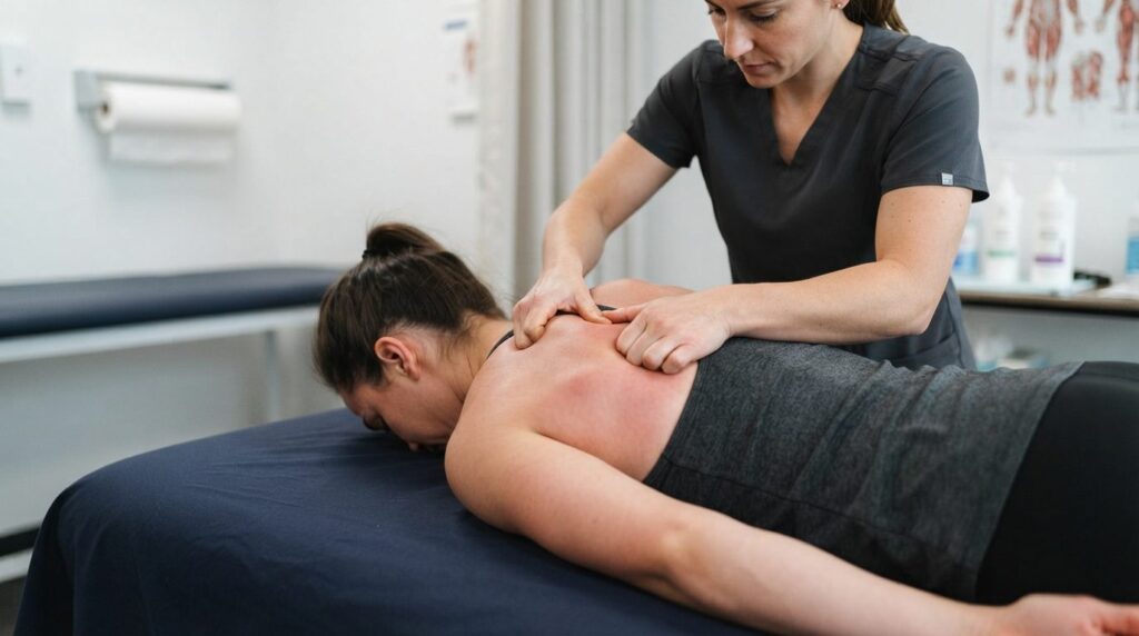 Sports massage therapist hands performing targeted deep tiss