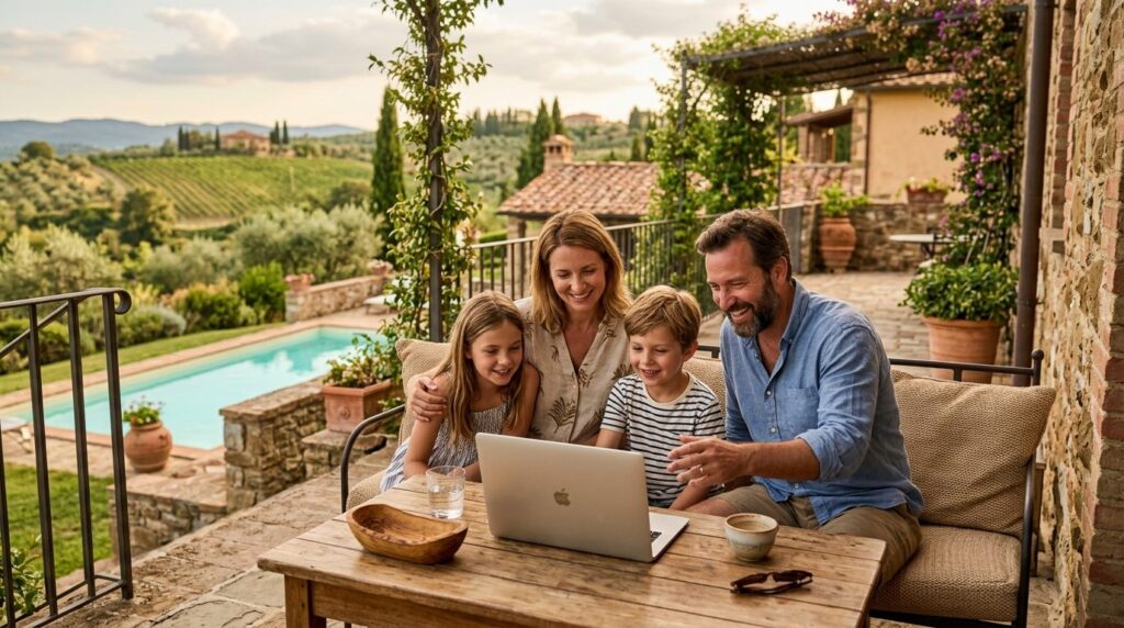 Photorealistic stock photo, 16:9 aspect ratio: Parents and c