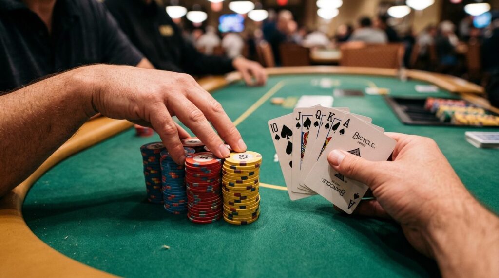 Close-up of hands holding poker cards and poker chips on gre