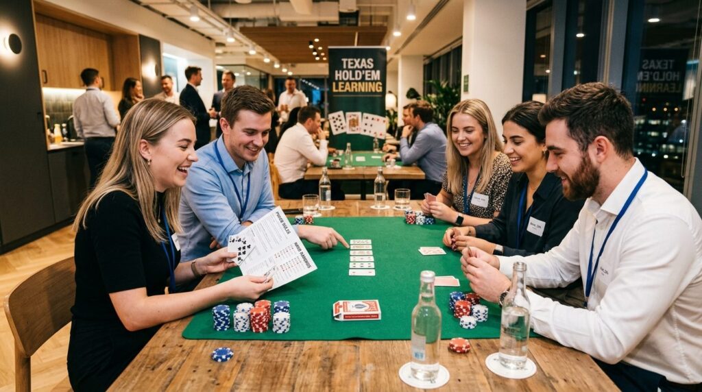 Young professionals learning poker at a casual corporate eve