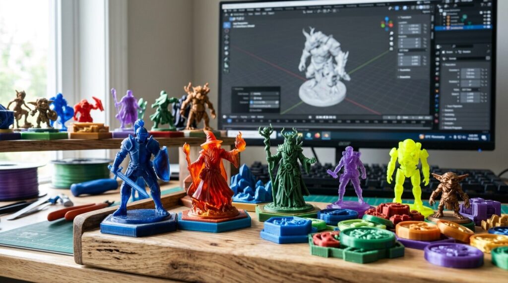 Nærbillede af farvede 3D-printede spilbrikker i forskellige former, stillet på hvid baggrund.