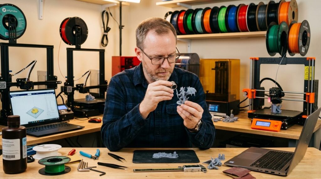Adult hobbyist carefully examining a freshly printed game pi