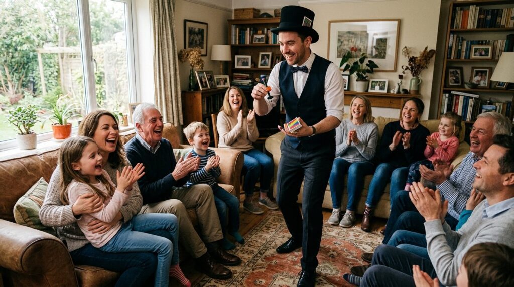 Family gathering in living room watching magician perform il