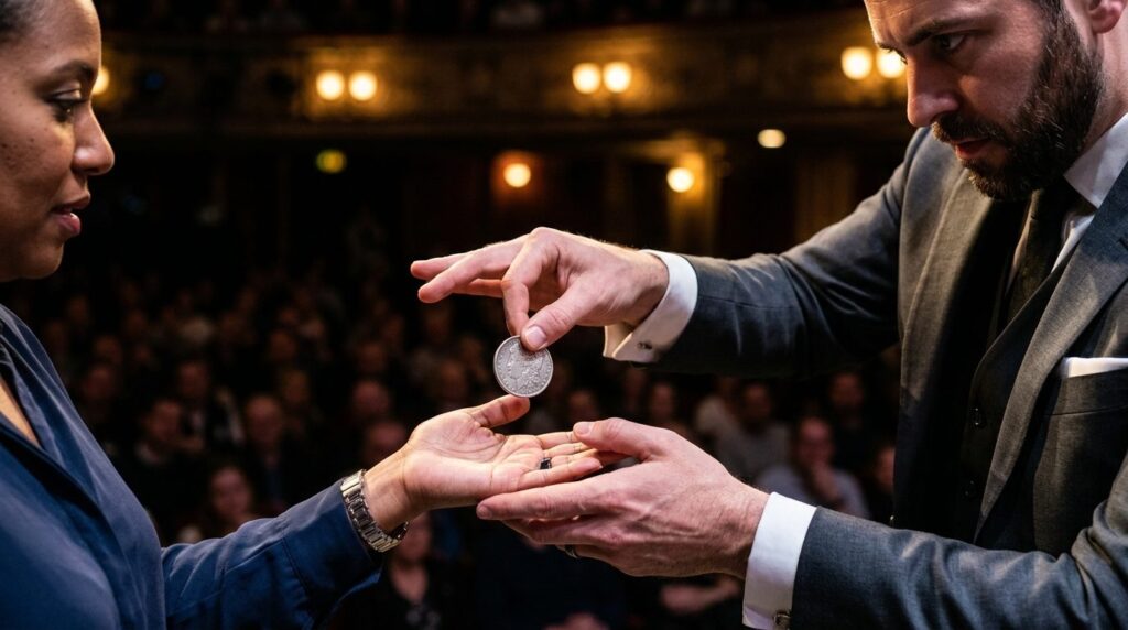Close-up of magicians hands performing coin vanishing trick