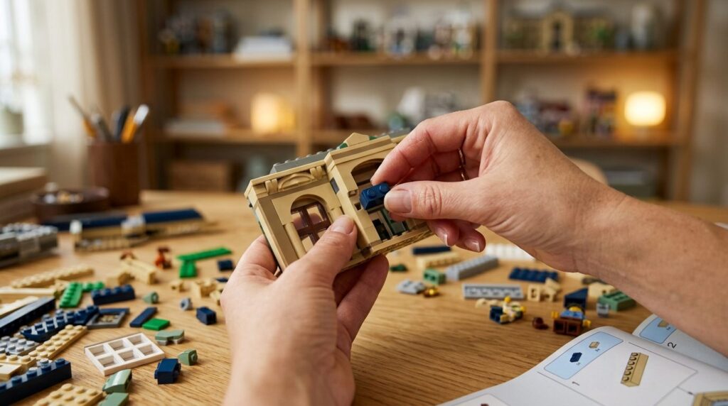 Close-up macro photography of hands engaging with LEGO Icons