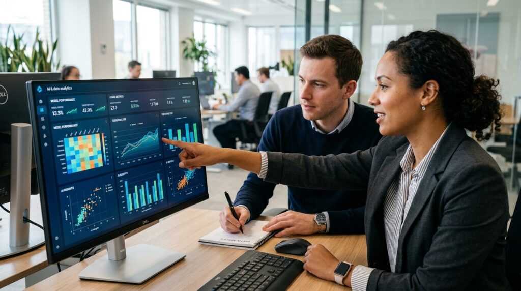 Close-up of two professionals working together at a computer