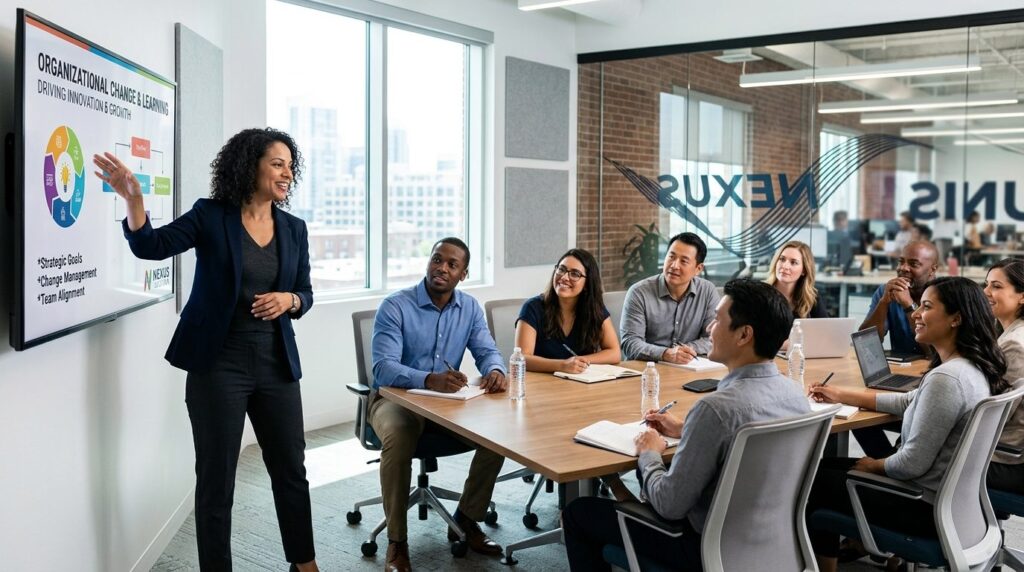 Mid-shot of a confident professional leading a training sess