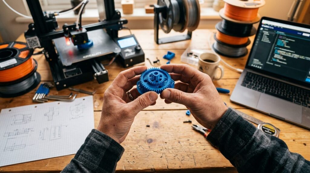 Close-up overhead shot of hands holding a small 3D-printed p