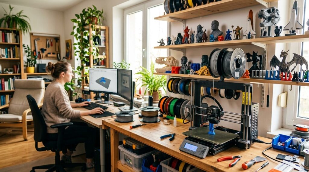 Wide shot of a home hobby workspace with multiple finished 3