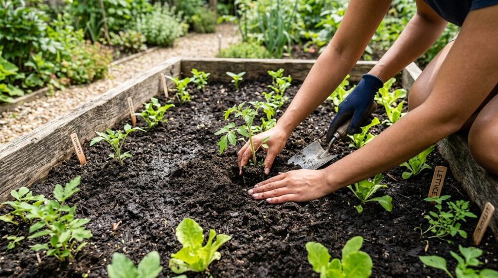 Close-up overhead shot of someones hands planting seedlings