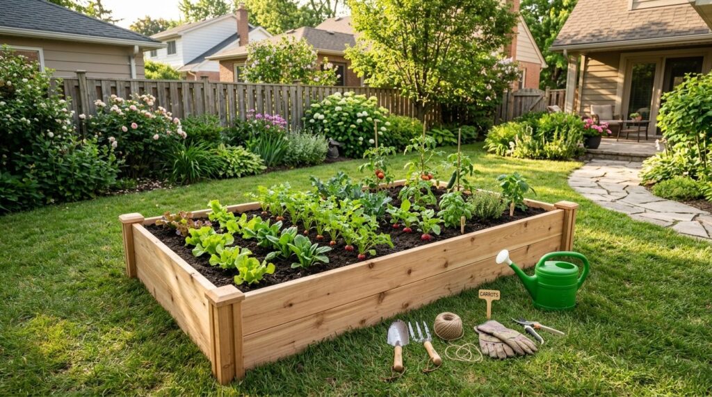 Wide angle photo of a newly assembled raised garden bed kit