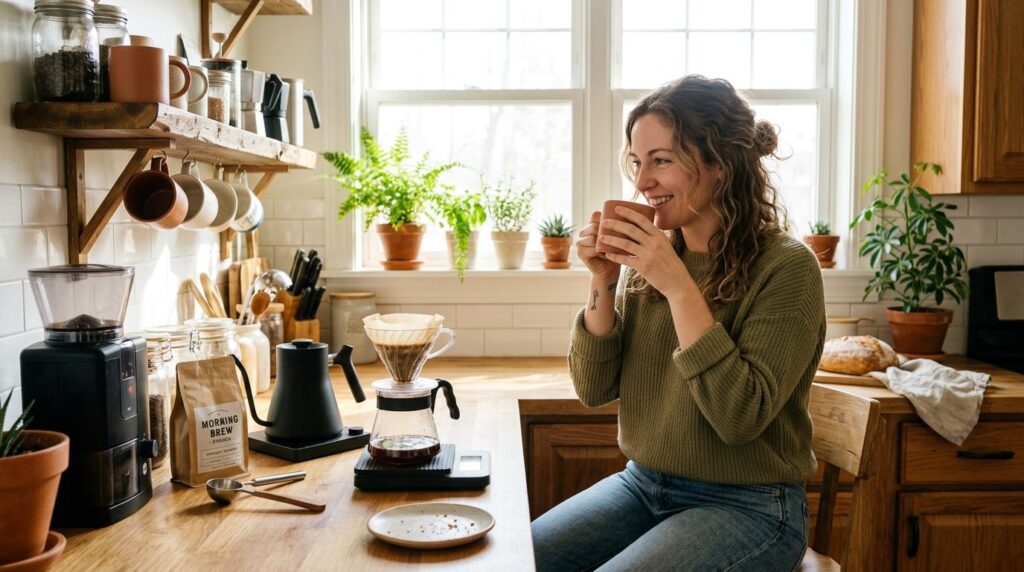 Lifestyle photograph of a person in casual home setting enjo