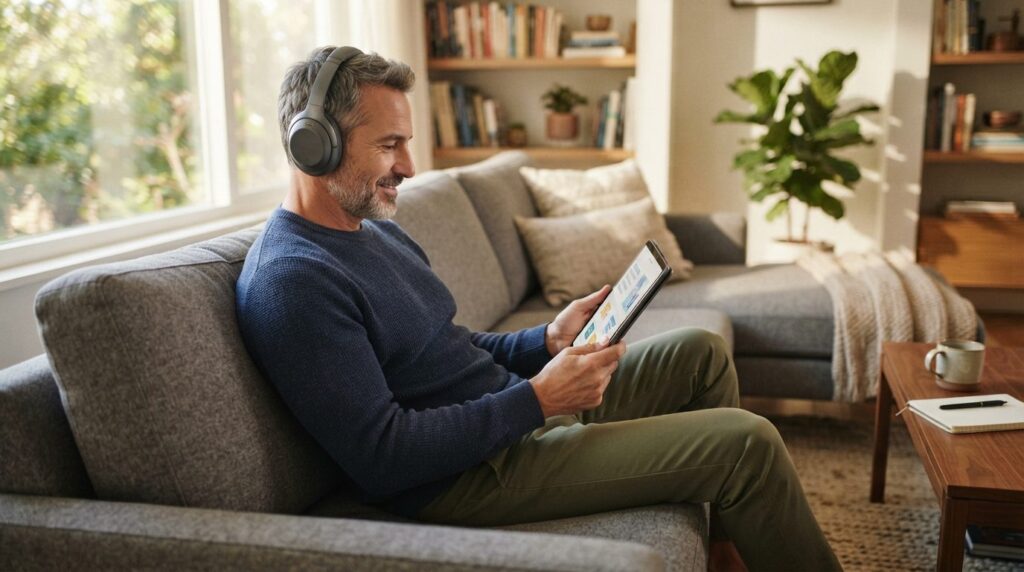 Photorealistic stock image, 16:9 format, middle-aged man rel