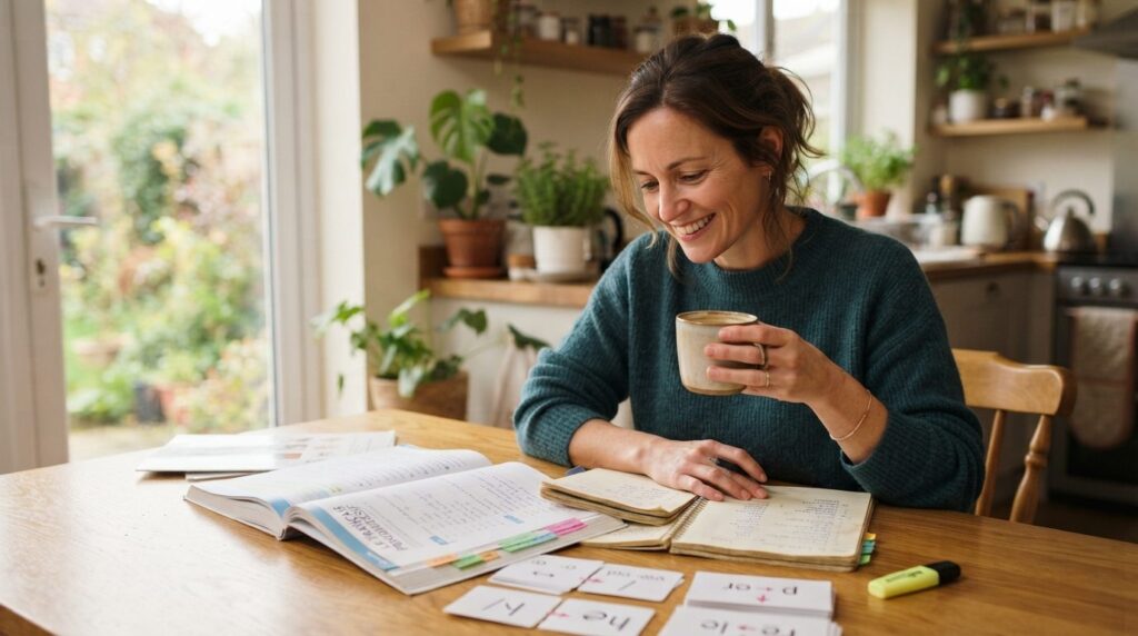Professional stock photograph, 16:9 ratio, adult woman at ki