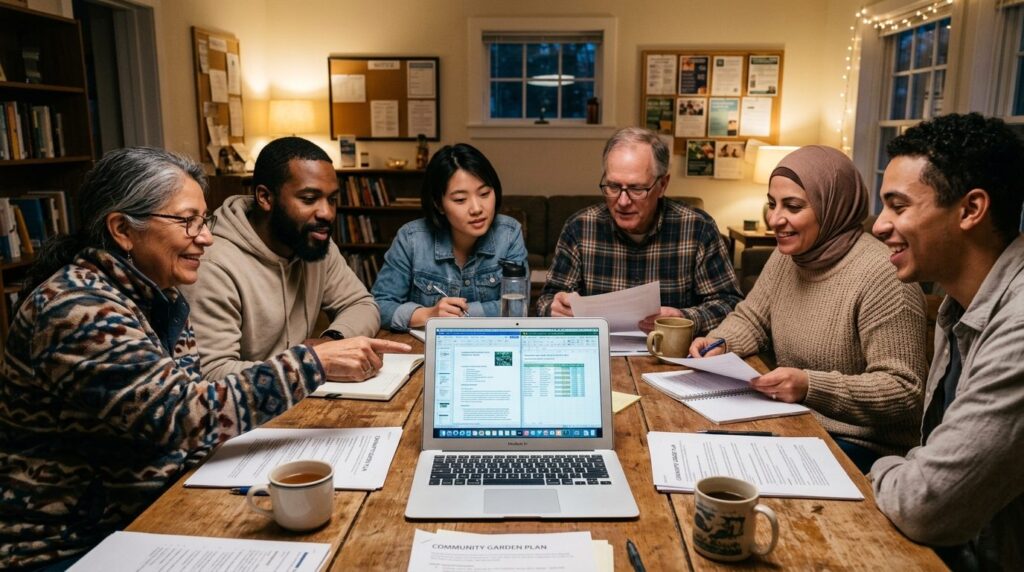 Group of volunteer community members in casual setting revie