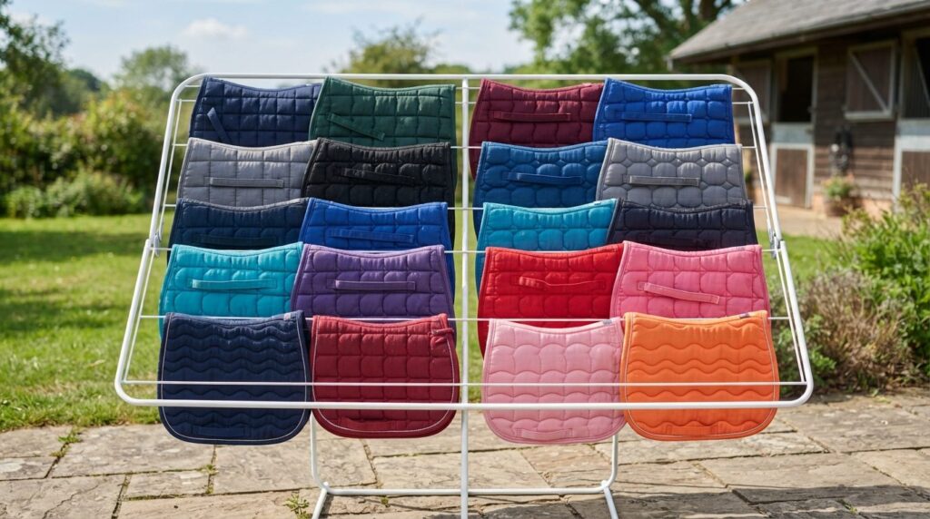 Overhead flat lay of clean saddle pads in various colors lai
