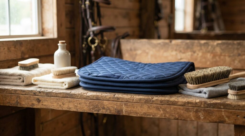 Realistic photograph of saddle pad care supplies arranged ne