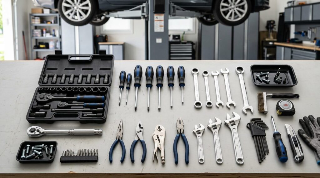 Photorealistic stock image, 16:9 format: Flat lay arrangemen